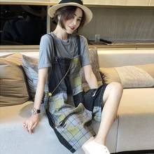 Female 2022 Summer New Women Korean Fashion Casual Short Sleeve T-shirt and Denim Plaid Suspenders Overalls Two-piece Suit Y812 2024 - buy cheap