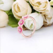 925 prata esterlina pandora anel rosa rosa margarida flor trio com anéis de cristal para a festa de casamento feminino presente pandora jóias 2024 - compre barato