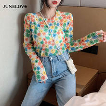 JuneLove Angel Print Sheer Blue Black Mesh Long Sleeve Blouse Shirts Women Spring Summer Pullovers Elegant Sexy See Through Tops 2024 - buy cheap