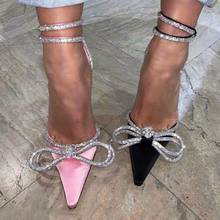 Glitter Bowtie Pointy Toe Sandals Woman Bling Bling Ankle Strap Ladies Shoes Gladiator High Heels Black Shoes Woman Lace Up Pump 2024 - buy cheap