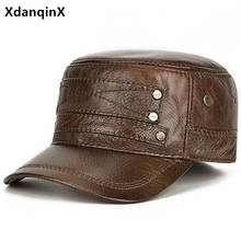 XdanqinX Middle-aged Men Genuine Leather Cap Men's Flat Cap Military Hats Natural Cowhide Caps Adjustable Size Winter Warm Hat 2024 - buy cheap