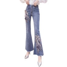 Elastic High Waist Flare Pants Women Fashion 3D Flower Embroidery Denim Long Trousers Ladies Appliques Beading Jeans Pant Y35 2024 - buy cheap