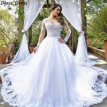 Белое свадебное платье из тюля с аппликацией, бальное платье со шлейфом и блестками, иллюзионное роскошное платье невесты с длинными рукавами 2024 - купить недорого