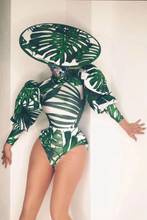 Green Leaves Print Bodysuit Outfit Party Costumes Stage Wear Dance Nightclub Costumes Singer Bodysuit With Headdress 2024 - buy cheap