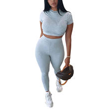 2Pcs Women Ladies Summer Tracksuits Solid Color Mock Neck Short Sleeves Tops + High Waist Tight Pants Suit White Gray Black 2024 - buy cheap