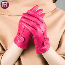 Winter women genuine sheepskin leather gloves bow mitten warm casual fashion sheep fur glove high quality 2024 - buy cheap
