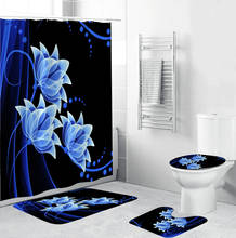 Flor azul cortina de chuveiro à prova dwaterproof água preto banheiro cortinas tapetes de banho anti-derrapante tapete banheira tela do toalete decoração para casa 2024 - compre barato