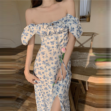 Women Clothing Summer Sexy Fashion Bubble Sleeve Floral Lace-up High Split Long Dress Vestdio Vintage Korean Elegant 2024 - buy cheap