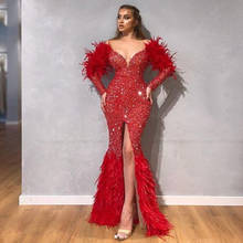 Vestido de noite de penas do cano-alto, com decote em v frisado com strass, fenda lateral, cristal vermelho, mangas compridas, vestidos de festa 2020 2024 - compre barato