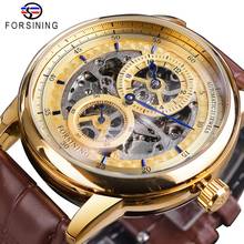 Forsining-reloj automático con esfera de esqueleto dorado, pulsera de cuero auténtico marrón, resistente al agua, de marca de lujo, mecánico de negocios 2024 - compra barato