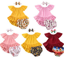 0-24M Newborn Infant Baby Girls Clothes Sets 3pcs Ruffles Solid Dress Tops+Flowers Print Shorts+Headband 2024 - buy cheap