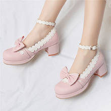 Lolita Shoes Pink Women Block Platform High Heels Ankle Strap Pumps Girls Chunky Heels Bow Cosplay Shoes Plus Size 32 33 43 44 2024 - buy cheap