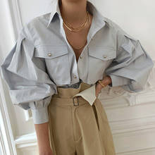 Женская рубашка с длинными рукавами-фонариками и отложным воротником, однобортная женская рубашка с карманами, весна 2021, офисный элегантный повседневный женский топ 2024 - купить недорого