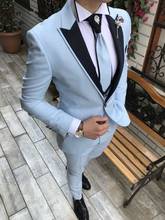 Brand New Groomsmen Baby Blue Groom Tuxedos Peak Black Lapel Men Suits Wedding Best Man 3 Pieces ( Jacket+Pants+Vest+Tie ) C881 2024 - buy cheap