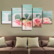 Wall Art Canvas Paintings 5 Pieces Letters Love And Pink Roses Painting Romantic Modular Decor For Living Room Decoration 2024 - buy cheap