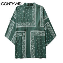 GONTHWID Cashew Flowers Print Kimono Cardigan Green Shirts Jacket Hip Hop Streetwear Jackets Men Casual Open Front Coats Tops 2024 - buy cheap