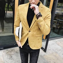 Желтые Замшевые мужские блейзеры, повседневные весенние элегантные мужские куртки в Корейском стиле, серебристые приталенные бархатные блейзеры, куртка, серый, черный, зеленый 2024 - купить недорого