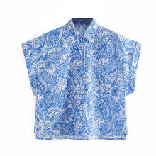 Blusa vintage azul con estampado Floral para mujer, camisa de manga corta con botones y abertura lateral, Top elegante 2024 - compra barato