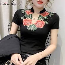 Women Cotton T-Shirts 2020 New Short Sleeve V-neck Tee Tops Summer Chinese Floral Embriodery T-Shirts Design For Show T03610B 2024 - buy cheap