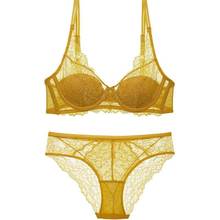 Honduro lingerie de renda amarela push up sutiã ajustado e conjunto de calcinha triângulo copo esponja sem sensual feminino íntimo 2024 - compre barato