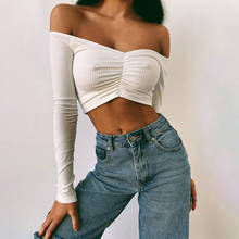 Off Shoulder Tee Shirts Women Long Sleeve Crop Tops Sexy Deep V Neck Basic Lady Casual Black Pink White Tshirt Summer Autumn 2024 - buy cheap