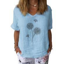 Women Casual V Neck Short Sleeve Dandelion Print Cotton Linen Blouse Top T-shirt Dandelion Print Loose Style All Match T-shirt 2024 - buy cheap