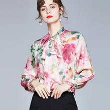 Korean Fashion Women Silk Blouses Women Satin Shirt Woman Floral Blouse Tops Woman Long Sleeve Bow Blouses Ladies Print Shirts 2024 - buy cheap