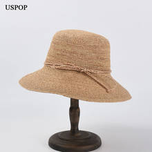 Шляпа от солнца USPOP женская Соломенная, Пляжная Складная Панама от солнца из рафии, с ручной вязкой, с бантом, дышащая, с широкими полями, летняя 2024 - купить недорого
