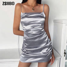 Satin Slash Neck Spaghetti Strap Mini Party Dresses Women Skinny Ruched Sexy Fashion Summer Dresses Silk Solid Color 2024 - buy cheap