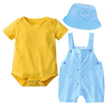 Костюм для новорожденных, 100% хлопок, с шапкой + желтый комбинезон + боди, мягкий хлопковый летний костюм для малышей, Одежда для младенцев 2024 - купить недорого