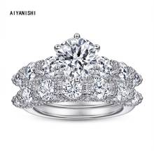 AIYANISHI-Conjunto de anillos de boda de corte redondo para mujer, Plata de Ley 925 auténtica de lujo, 2CT, sortija de compromiso, regalos de fiesta, joyería 2024 - compra barato