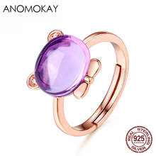 Anomook-Anillo de Plata de Ley 925 con forma de flor para mujer, sortija ajustable, color oro rosa, cristal morado, ovalado, elegante 2024 - compra barato