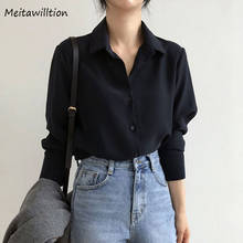 Camisa feminina preta elegante com gola virada, blusa branca de manga comprida para mulheres, estilo escritório, 2021 2024 - compre barato