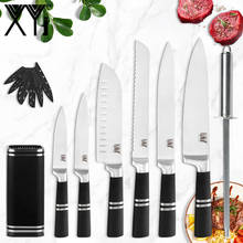 XYj Kitchen 8pcs Stainless Steel Knives Set Chef Bread Slicing Santoku Utility Paring Knives Holder Stand Knife Sharpener Tools 2024 - buy cheap