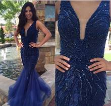 2020 Fashionable Mermaid Prom Dresses Navy Blue Tulle Deep V Neck With Beaded Evening Dresses Prom Gowns Vestidos De Formatura 2024 - buy cheap