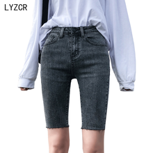 Calça jeans feminina estilo vintage com buraco, calça capri azul de cintura alta com rasgos, na altura do joelho, 2021 2024 - compre barato