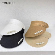 Sombreros de paja para mujer, sombrero de lujo con perlas de diseñador, visera superior vacía para la playa, viaje al aire libre, novedad de 2021 2024 - compra barato