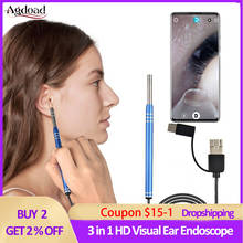 Endoscópio 3 em 1 ferramenta de limpeza de ouvido, hd visual, captador de orelha multifuncional, 5.5mm android pc, otoscópio mini câmera 2024 - compre barato