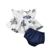 Quente infantil bebê meninas roupas definir branco manga curta flores topos + azul shorts da criança roupas de verão crianças conjunto 2024 - compre barato