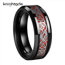 8mm preto anel de tungstênio aço inoxidável dragão inlay para homens feminino carboneto de tungstênio casamento banda vermelho fibra carbono chanfrado bordas 2024 - compre barato