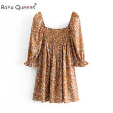 Boho Queens Woman Floral Print Square Collar Bohemian Mini Dress Ladies Long Sleeve Happie Dresses Vestidos 2024 - buy cheap