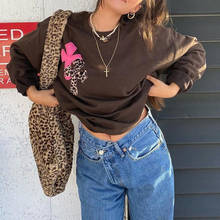 90s Aesthetics Leopard Print Oversized Brown Tops Y2K Vintage Crewneck Long Sleeve Sweatshirts Indie Outfits Streetwear 2024 - buy cheap