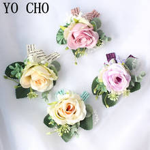 YO CHO-ramillete y Boutonniere para novio, Pin de solapa, ramillete de muñeca nupcial, pulsera de dama de honor rosa, decoración Floral Personal para fiesta y boda 2024 - compra barato