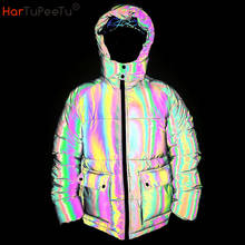 2022 inverno noite dos homens colorido reflexivo com capuz jaqueta blusão algodão acolchoado hip hop harajuku casaco streetwear transporte da gota 2024 - compre barato