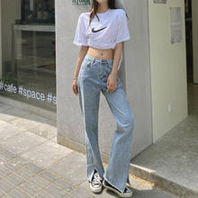 2020 vintage cintura alta reta calças de brim pant para mulher streetwear casual feminino denim jeans botões lado split senhoras jeans 2024 - compre barato