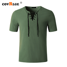 Covrlge Men's Hip Hop Shirt Men Fashion T-shirt Linen T-shirt Breathable V-neck Short Sleeve Tie Rope Top Male Streetwear MTS600 2024 - buy cheap