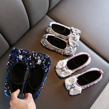 Zapatos de cuero para niña, zapatillas planas coreanas para niño, zapatos de princesa con suela suave y lentejuelas con lazo, novedad de primavera y otoño 2024 - compra barato