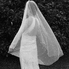 Короткая Свадебная вуаль с жемчугом, элегантная 120 см Однослойная жемчужная вуаль для невесты, металлическая расческа, Фата для невесты, свадебная вуаль, Veu de Noiva 2024 - купить недорого