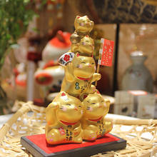 Gato de la suerte de cerámica, estilo pirámide japonés, adorno para el hogar de Maneki Neko dorado, figurita de gato de La Fortuna, decoración Feng Shui 2024 - compra barato