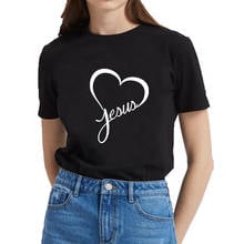 Camiseta estampa de coração amor jesus feminina, camiseta de algodão para mulheres, de verão, manga curta, gola redonda, solta, preta e branca 2024 - compre barato